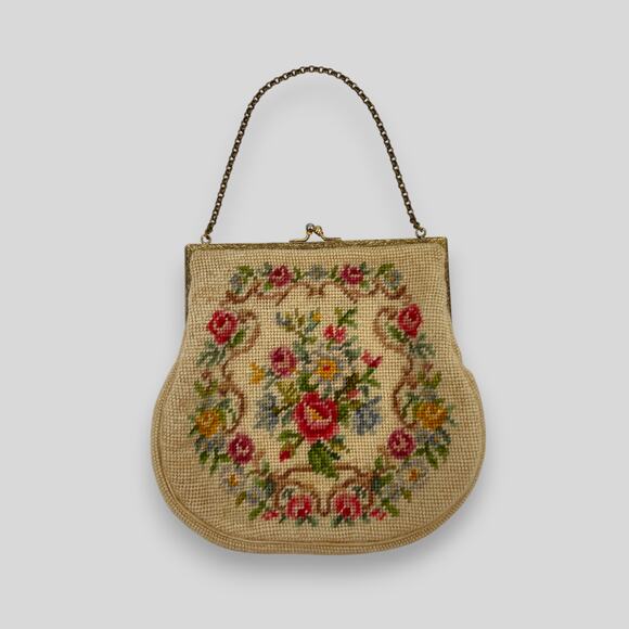 Vintage 1950s Floral Needlepoint Handbag with Chain Handle - Picture 1 of 5